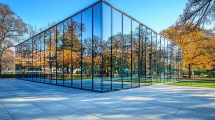 Obraz premium Glass building reflects autumn trees on a sunny day.