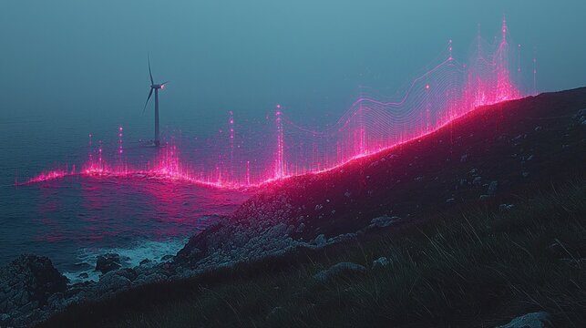 Coastal data analysis with pink glowing lines over landscape.