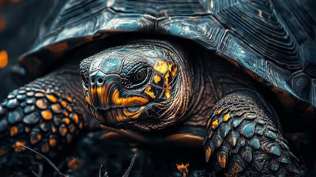 Exotic tortoise resting on the ground surrounded by vibrant wildflowers in a natural habitat