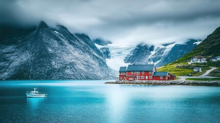 Red cabins on fjord with glacier mountains.
