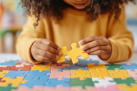 Preschooler carefully connecting yellow puzzle piece to colorful board, developing problem solving skills and hand eye coordination