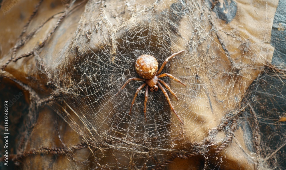 Wall mural close up of a net with a spider web on it. the spider web is in the center of the net and is surroun