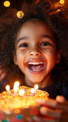 Naklejka premium Joyful african child celebrating birthday with bright cake and candles