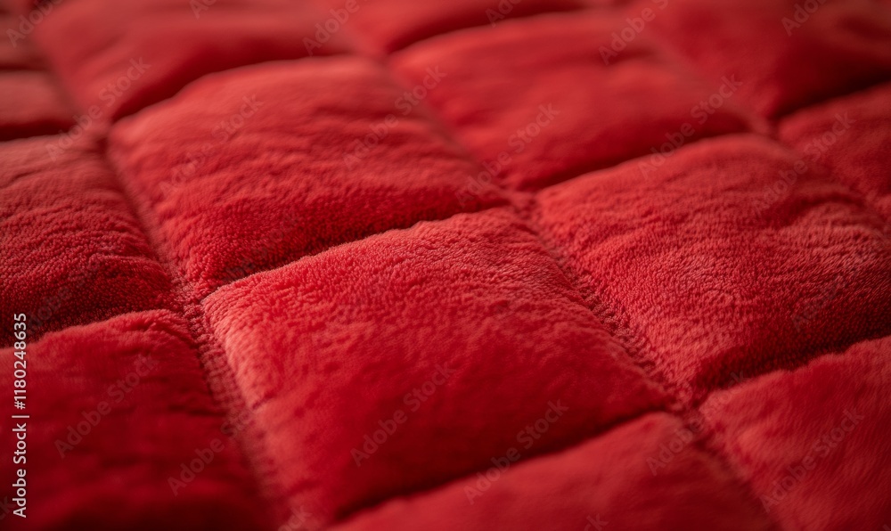 Poster close up of a red quilt with a pattern of squares. the quilt is made of a soft, plush material and h