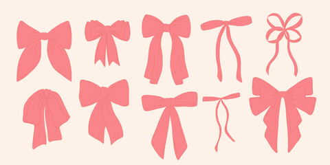 Set of bow in vintage style. Doodle bow. Design elegant pink elements