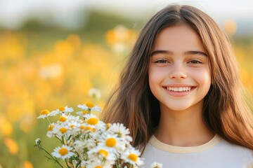 Fototapeta premium Cheerful girl with long brown hair holding freshly picked daisies, standing amid golden wildflowers during sunny summer afternoon