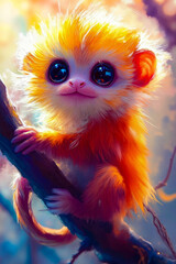 A small orange monkey sitting on a tree branch