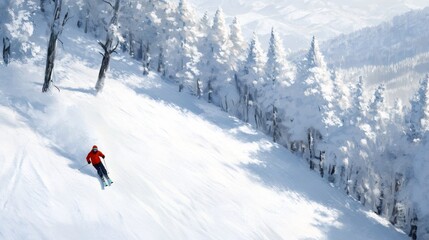 winter sports adventure, a skier smoothly descending a snowy slope, surrounded by snow-laden pine trees, capturing the thrill of the instant