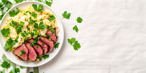 st patricks day cuisine, artfully presented corned beef and cabbage with parsley on a festive st patricks day-themed tablecloth, with space for text on the side