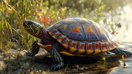 Obraz premium An up-close macro perspective of a turtle with an elaborate rainbow shell pattern basking in sunlight along the riverbank surrounded by wild grasses and nature's colorful flora.
