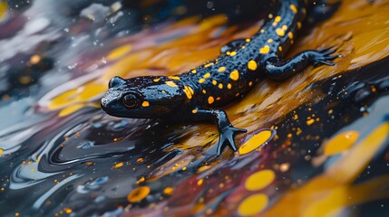 Captivating Close-Up Macro Image of a Spotted Salamander with Glossy Black Body and Bright Yellow Spots in Its Habitat