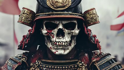 Haunting skeleton warrior in traditional armor against a backdrop of battle flags