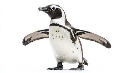 Fototapeta premium Adorable Humboldt penguin chick standing with wings outstretched against a white background.