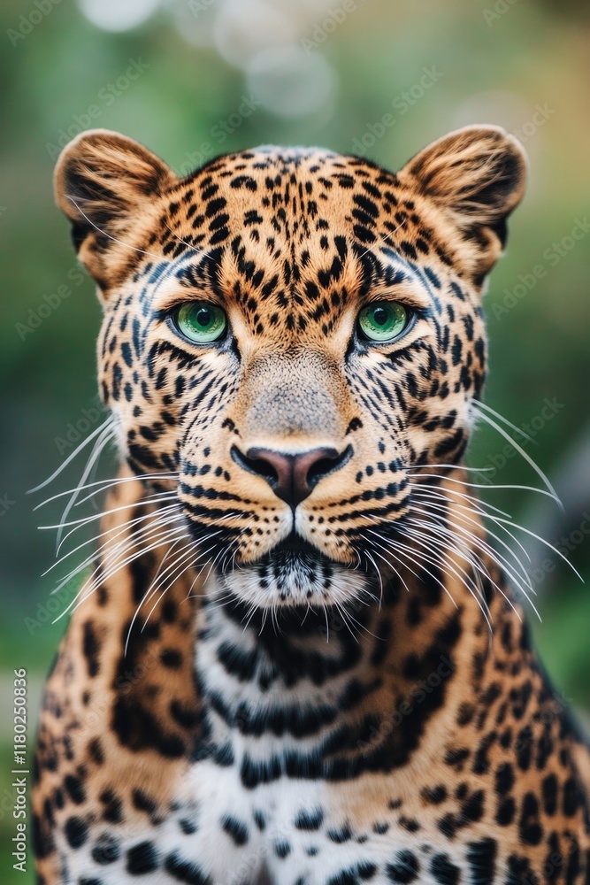 Poster a close-up view of a leopard's face with bright green eyes