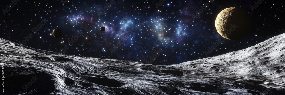Poster view of an otherworldly landscape from a distant moon
