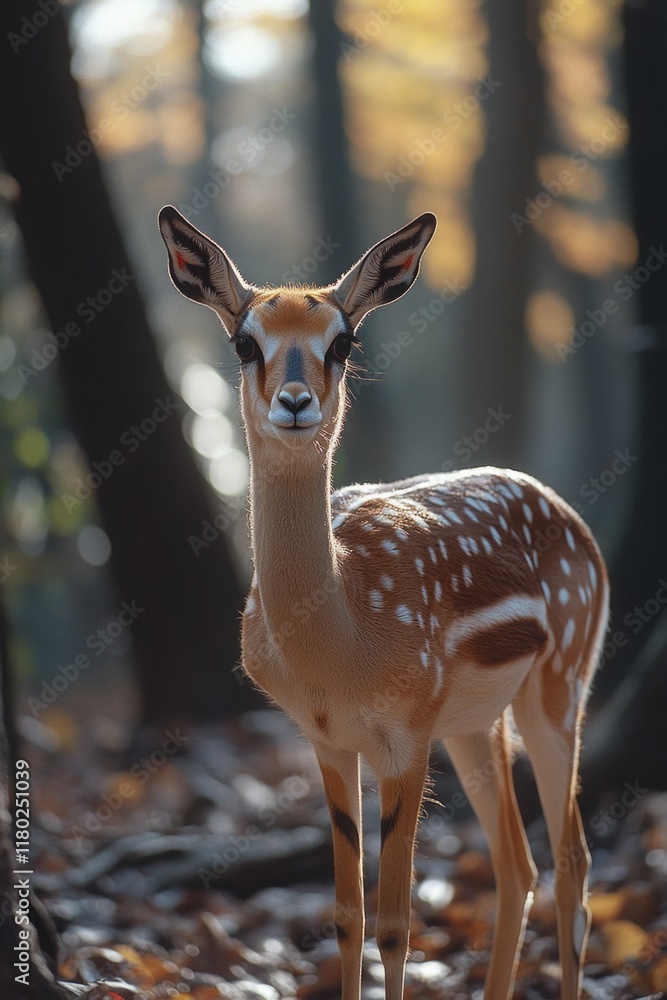 Poster a small deer stands alone in a dense forest