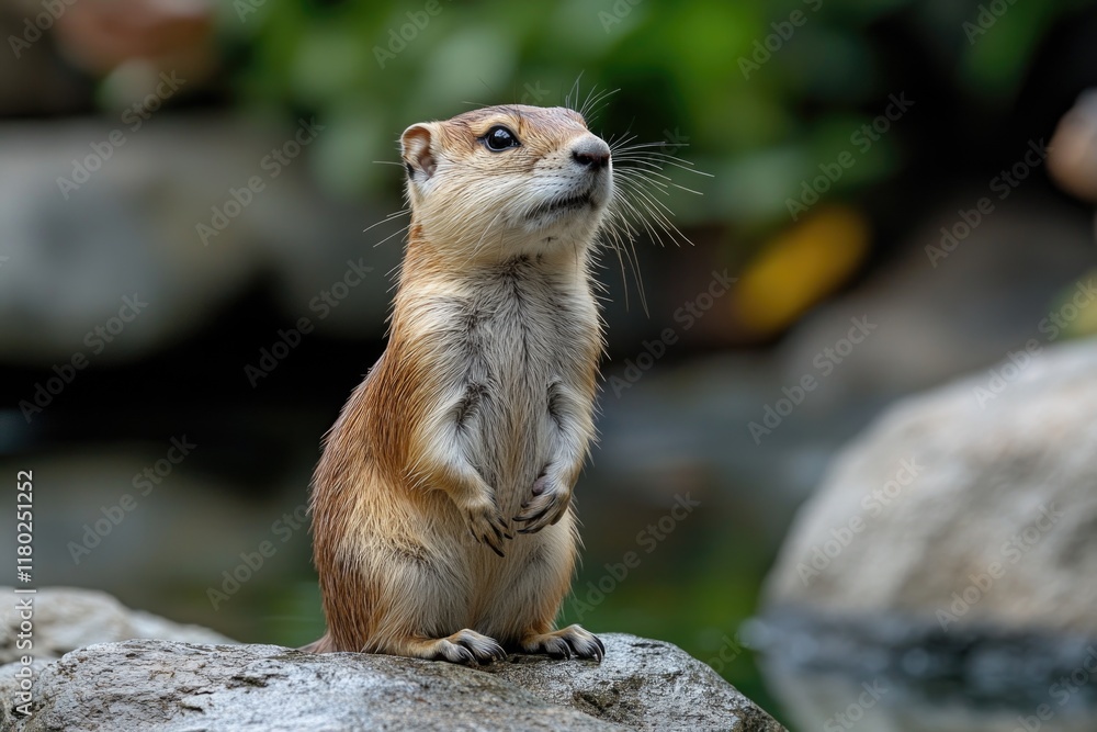 Poster a close-up shot of a ground squirrel standing on a rock, looking up with curiosity