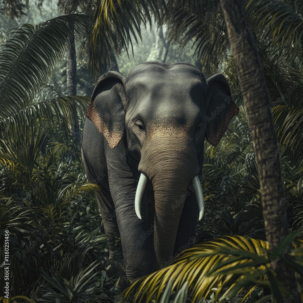 Canvas Prints An elephant makes its way through a dense jungle filled with tall palm trees