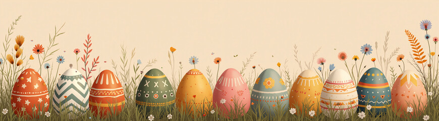 Earthy boho-style Easter illustration of decorated eggs in muted pastels, arranged organically on a grassy field with pampas grass and wildflowers, set on a warm sandy beige background.