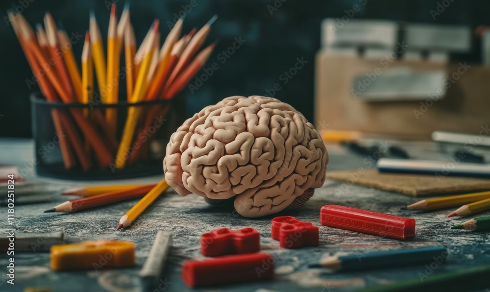Poster brain model sits on a table with a bunch of pencils and red pencil erasers. the pencils are scattere