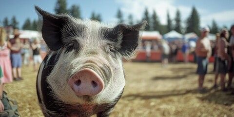 A pig standing in front of a crowd, suitable for use as an illustration or stock image