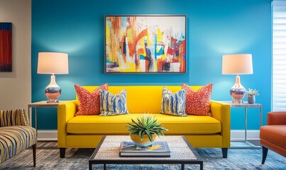 Bright yellow couch sits in a living room with a blue wall. The room is decorated with colorful furniture and artwork, creating a cheerful and inviting atmosphere