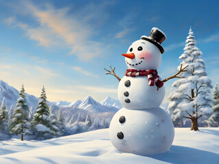 A joyful snowman stands tall in a winter wonderland covered by glistening snow and a clear blue sky with a hat and carrot noise.