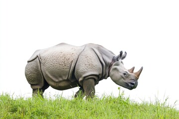 Obraz premium A rhino stands tall on a vibrant green field, perfect for nature or conservation-themed visuals