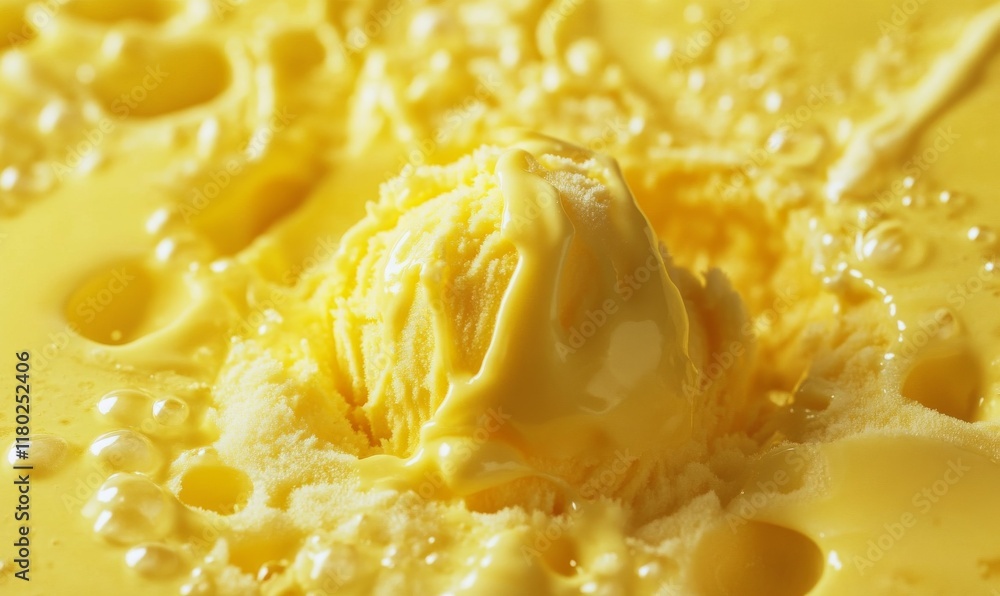 Poster a close-up of yellow ice cream with a scoop in the center, creating an inviting and appetizing food 