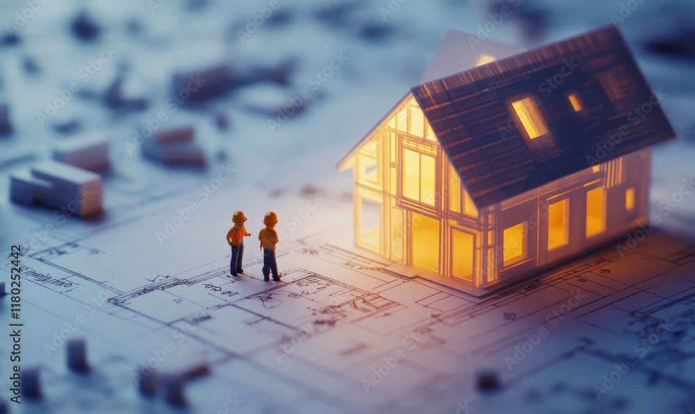 Poster building house on blueprints with worker - construction project