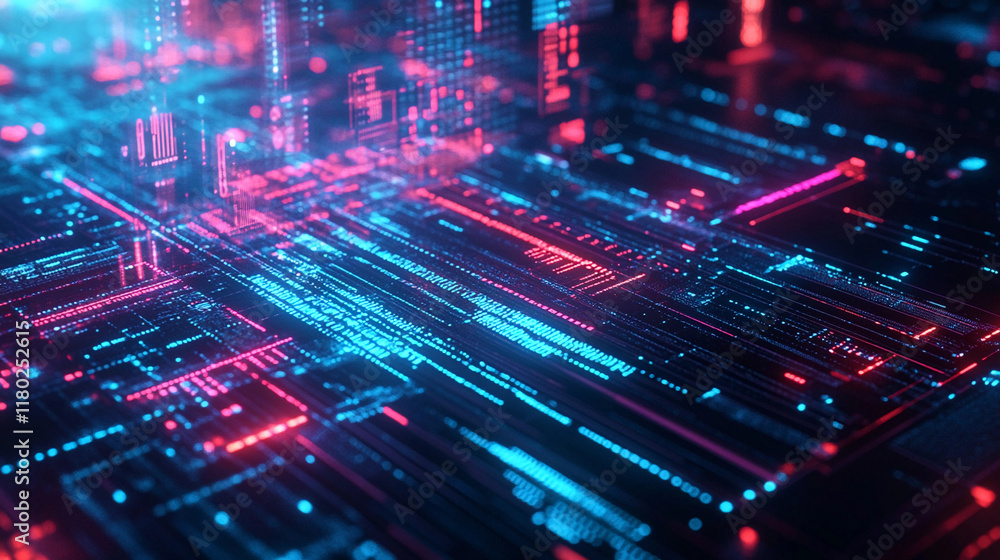Poster exploring a neon-lit digital landscape with complex patterns via generative ai