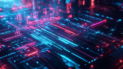 Fototapeta premium Exploring a neon-lit digital landscape with complex patterns via generative AI