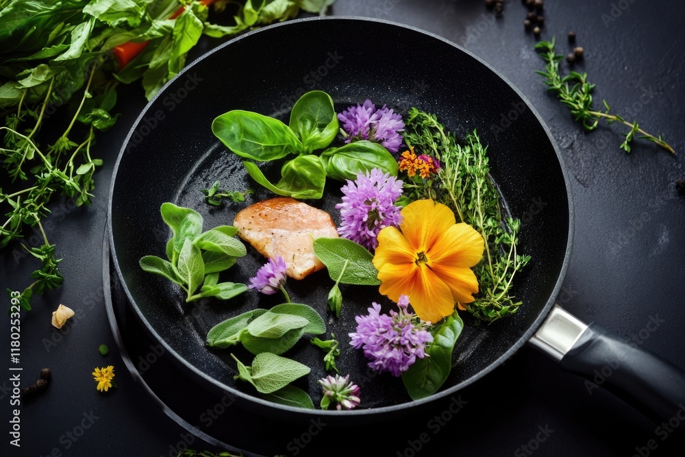 Poster a pan filled with fish and decorated with flowers on a table
