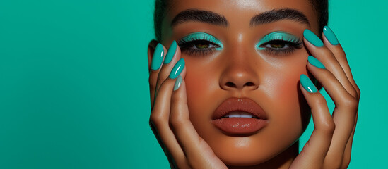 Beautiful black woman with vivid makeup posing on green background with copy space