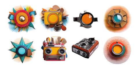 Colorful Retro Camera Icons on Transparent Background