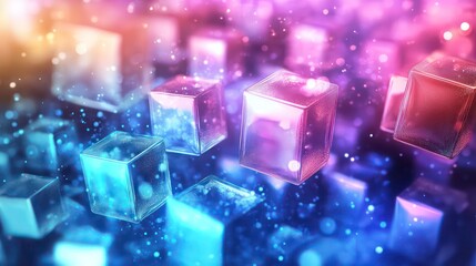 Futuristic digital design featuring glowing cubes and vibrant lights, representing technology and innovation in a dynamic environment.