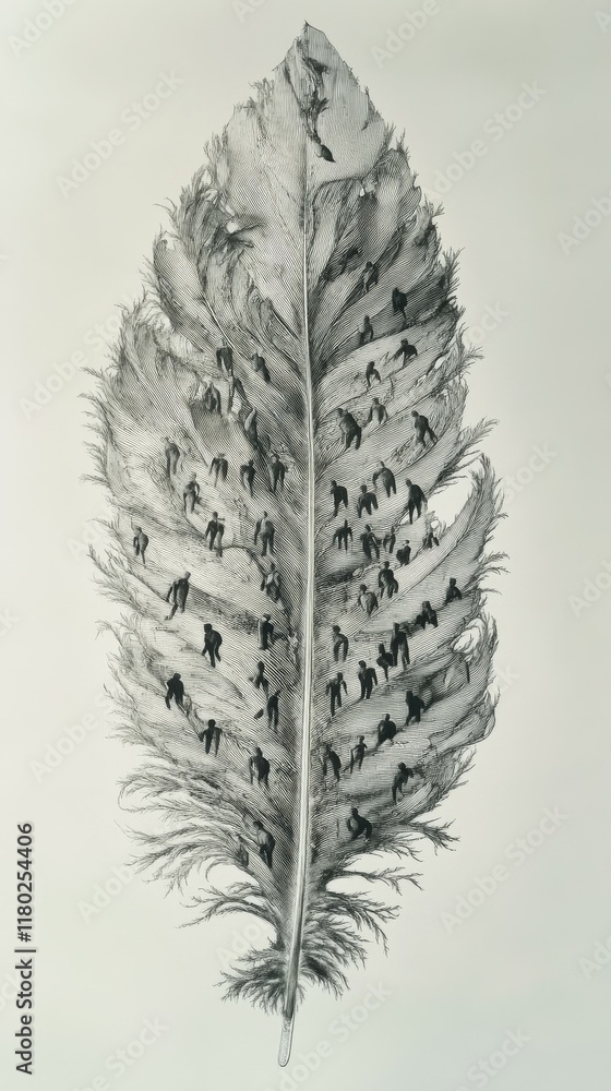 Poster a large, detailed feather where each strand is a tiny human figure, contributing to the overall deli