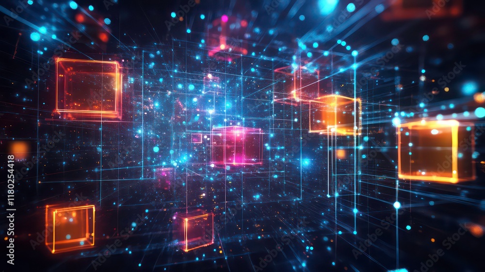 Poster futuristic digital design featuring glowing cubes and vibrant lights, representing technology and in