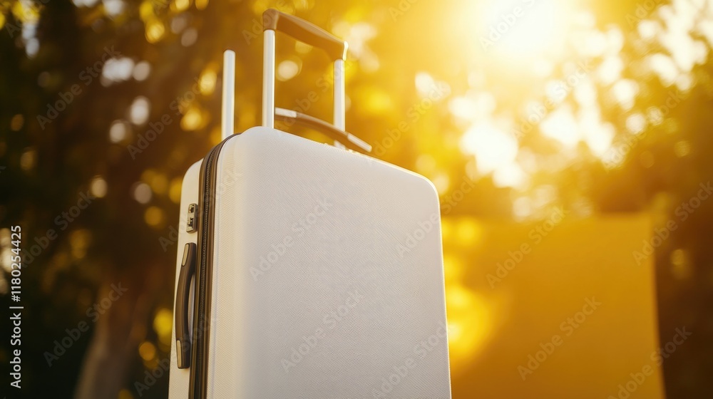 Poster a simple and clean image of a white suitcase placed on a wooden table