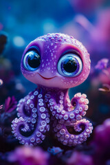 A purple octopus with big blue eyes sitting on a coral reef