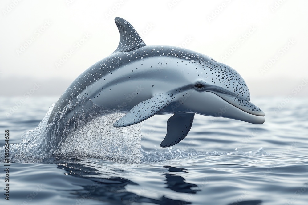 Poster a dolphin jumps high out of the water, creating a splash and mist