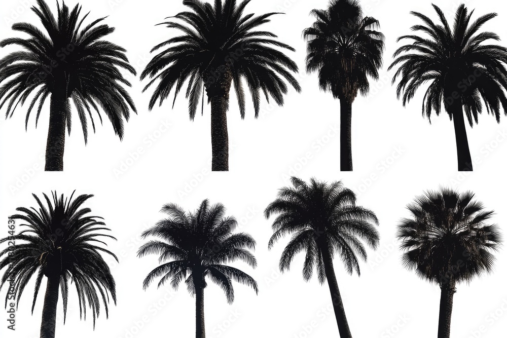 Poster silhouettes of palm trees against a white background, perfect for designs and projects where simplic