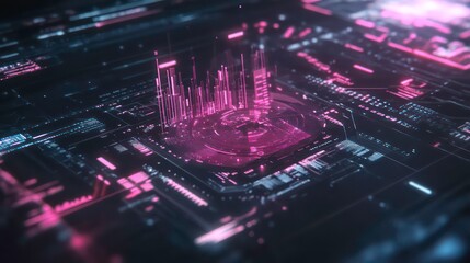 Futuristic data visualization with graphs and charts on a digital display.