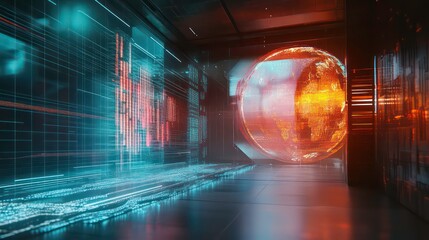 Futuristic data visualization with graphs and charts on a digital display.