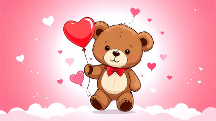 Valentine's day illustration, teddy bear with heart shaped balloon