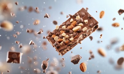 Fototapeta premium Chocolate bar with nuts and chocolate chips is flying through the air. Concept of excitement and indulgence, as the chocolate and nuts are being scattered in all direction