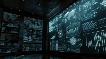 Futuristic data visualization with graphs and charts on a digital display.