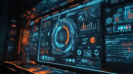 Futuristic data visualization with graphs and charts on a digital display.