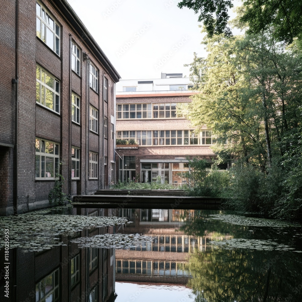 Poster a serene scene featuring a small pond in front of a building, ideal for peaceful atmosphere images