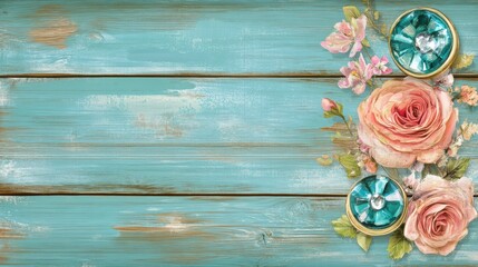 Fototapeta premium Vintage Floral Design on Rustic Wooden Background. Beautiful Pastel Pink Roses and Teal Accents. A Charming Floral Arrangement on a Rustic Wooden Board. Perfect for Home Decor and Floral Prints.